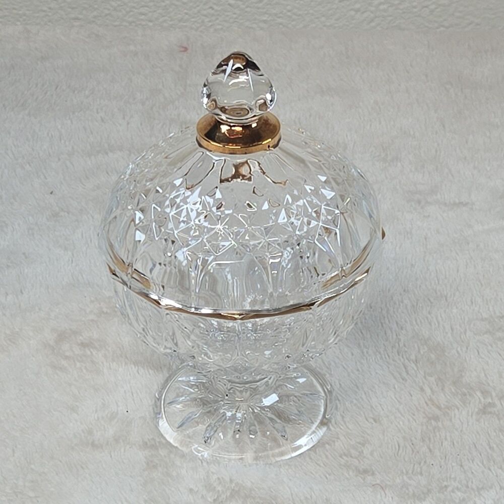 GOLD TRIM Cristal D'Arques France Pedestal Candy Dish w/ Lid Lead Crystal